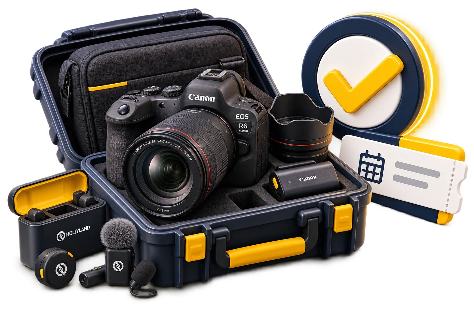 Visual 3D com equipamento preparado e confirmação representando a reserva