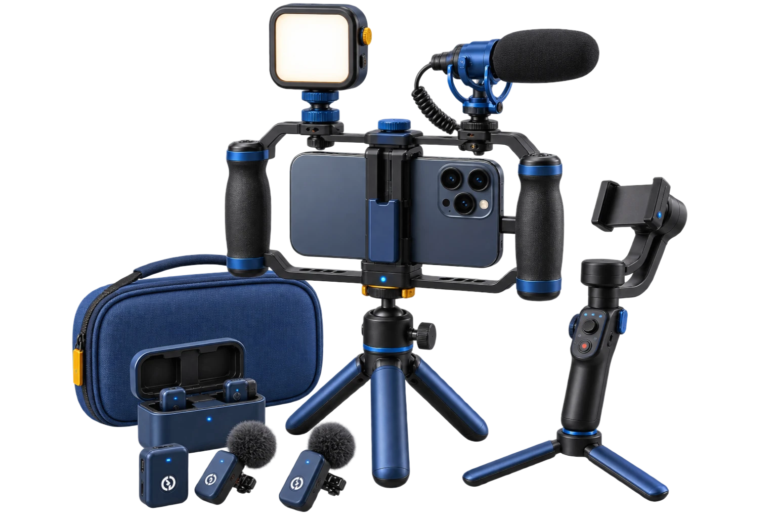 Kit de produção mobile com smartphone, microfone, luz e estabilizador em composição 3D