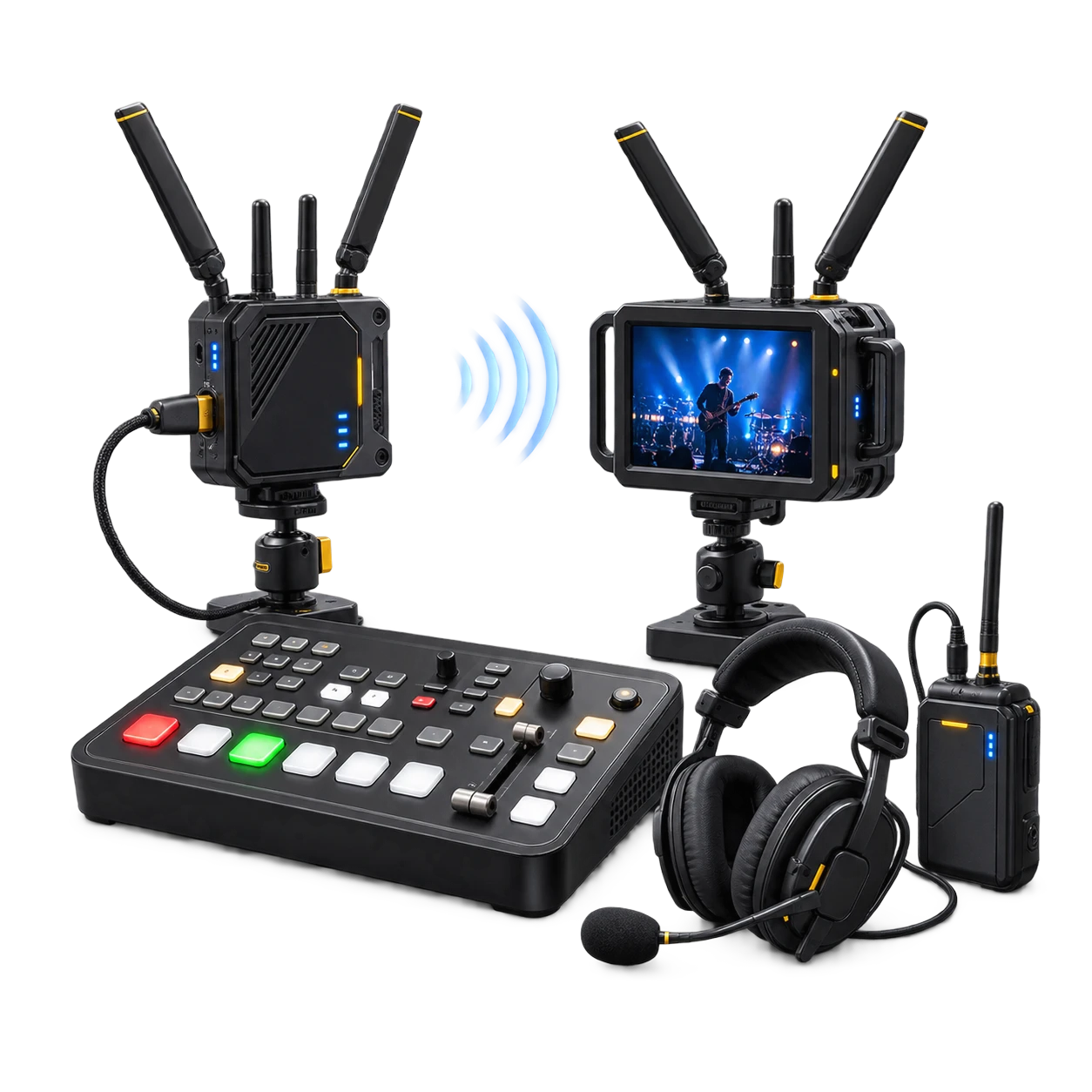 Equipamentos de transmissão, monitoramento e live em composição 3D