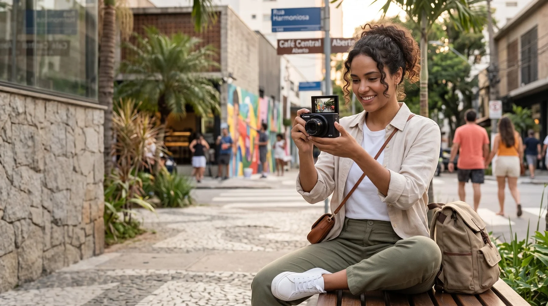 Viajante usando câmera compacta durante passeio urbano