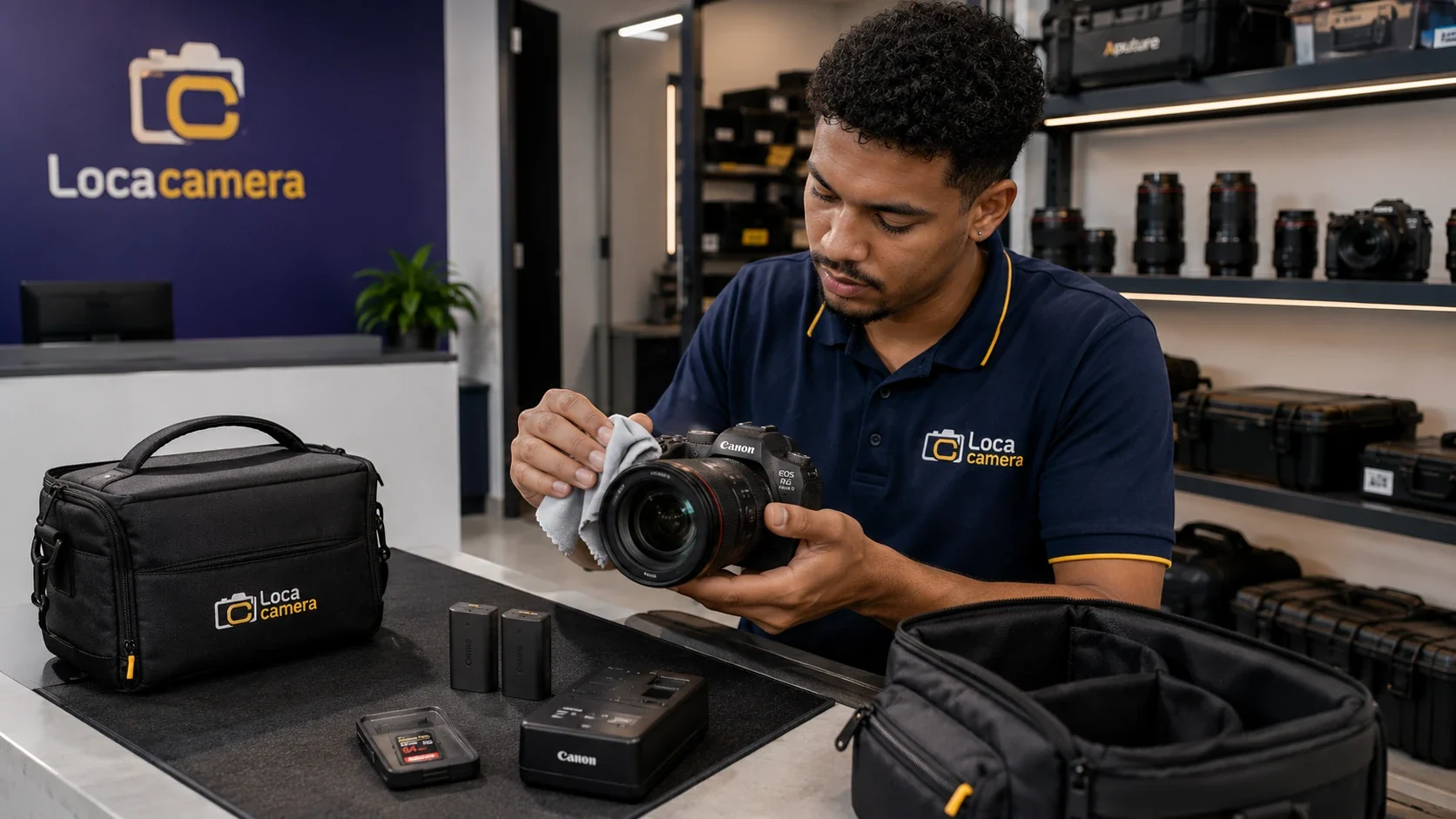 Equipamento sendo revisado e preparado antes da locação