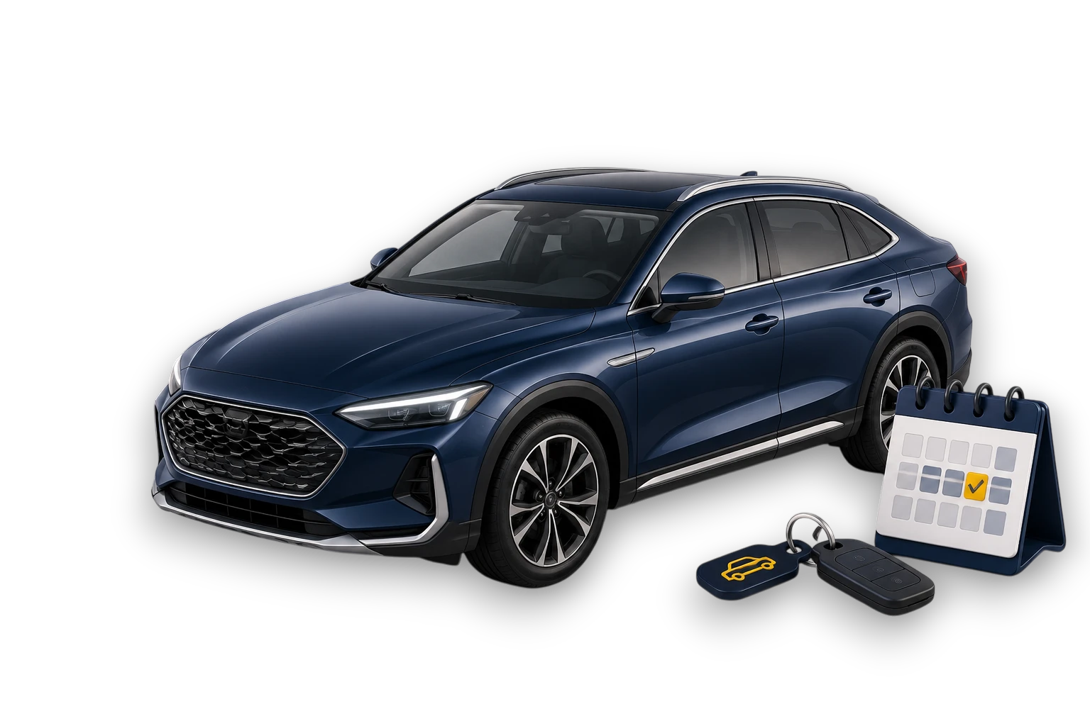 Carro de locadora com chave e calendário representando uma cobrança por diária completa